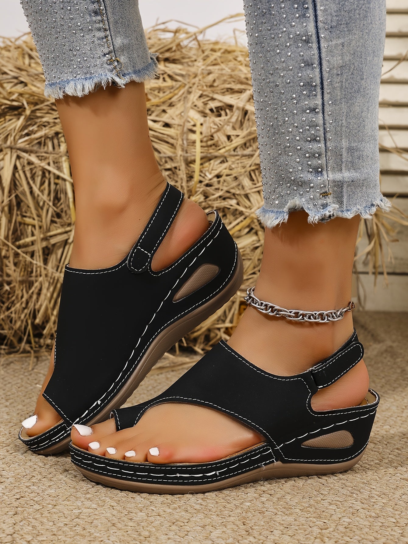 Women's Summer Wedge Sandals - Adjustable Hook-and-Loop Back Strap, Comfortable Soft Synthetic Cover Insole & PU Sole, Lightweight Open-Toe Design, Solid Color Casual Shoes (Wide Sizes Available)