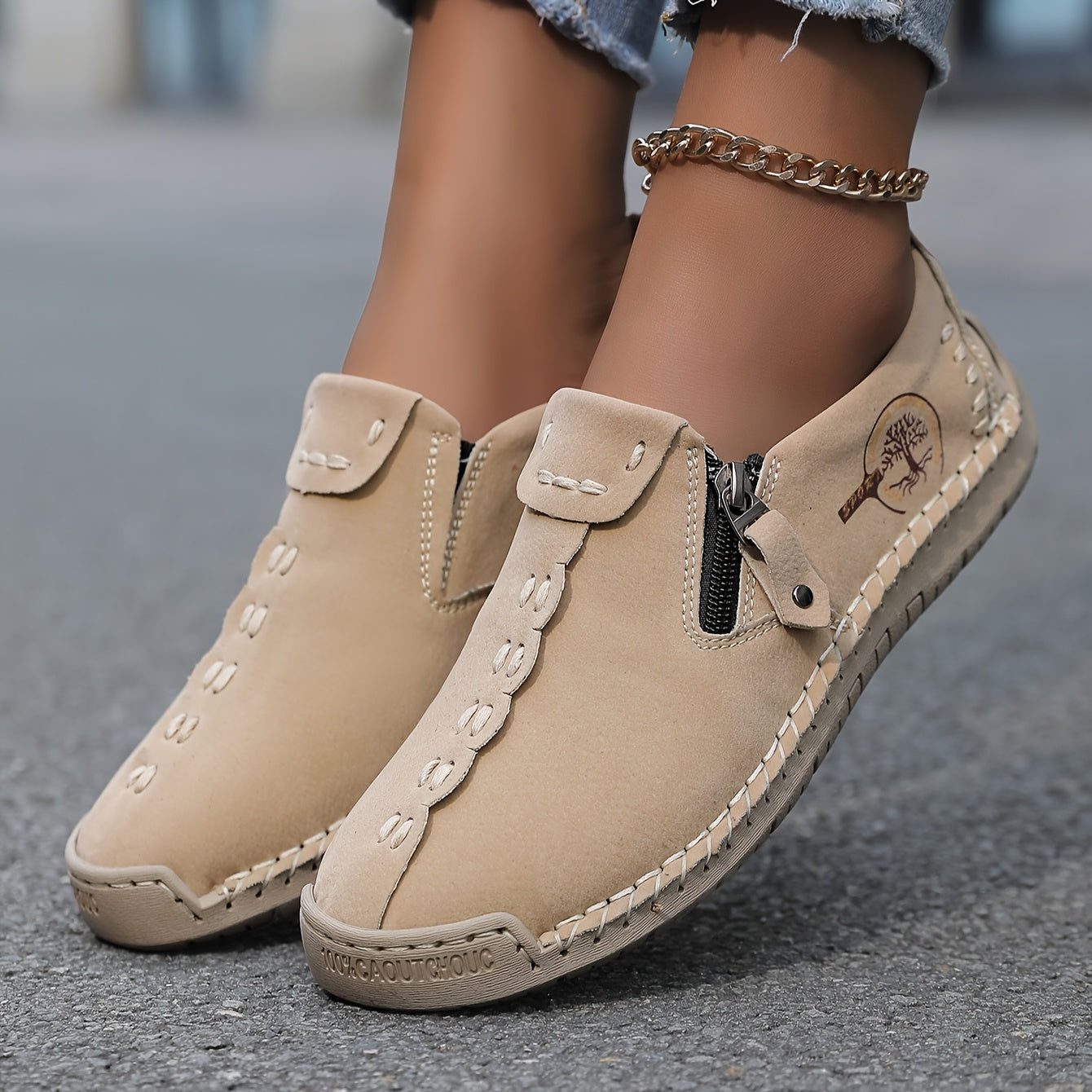 Women'S Handmade Casual Loafers - Suitable for 10 Occasions, Comfortable and Durable Slip-On Sneakers with Zipper Closure, Breathable Perforated Design, Rubber Sole, Perfect for Outdoor Wear, Spring and Summer