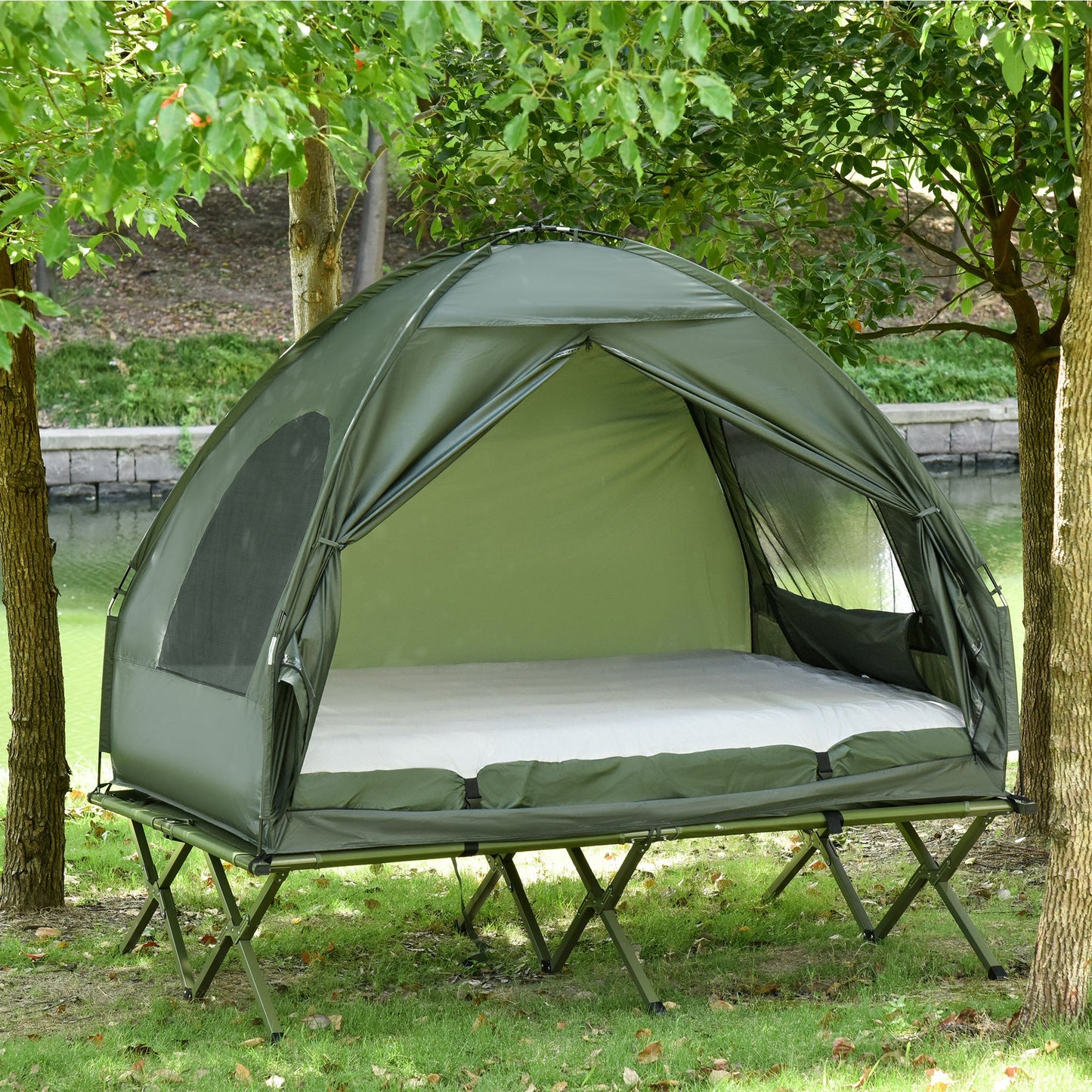 Outsunny 2 Person Foldable Camping Cot with Tent, Bedspread and Thick Air Mattress, 4-In-1 Elevated Camping Bed Tent for Outdoor Hiking, Picnic, Travel