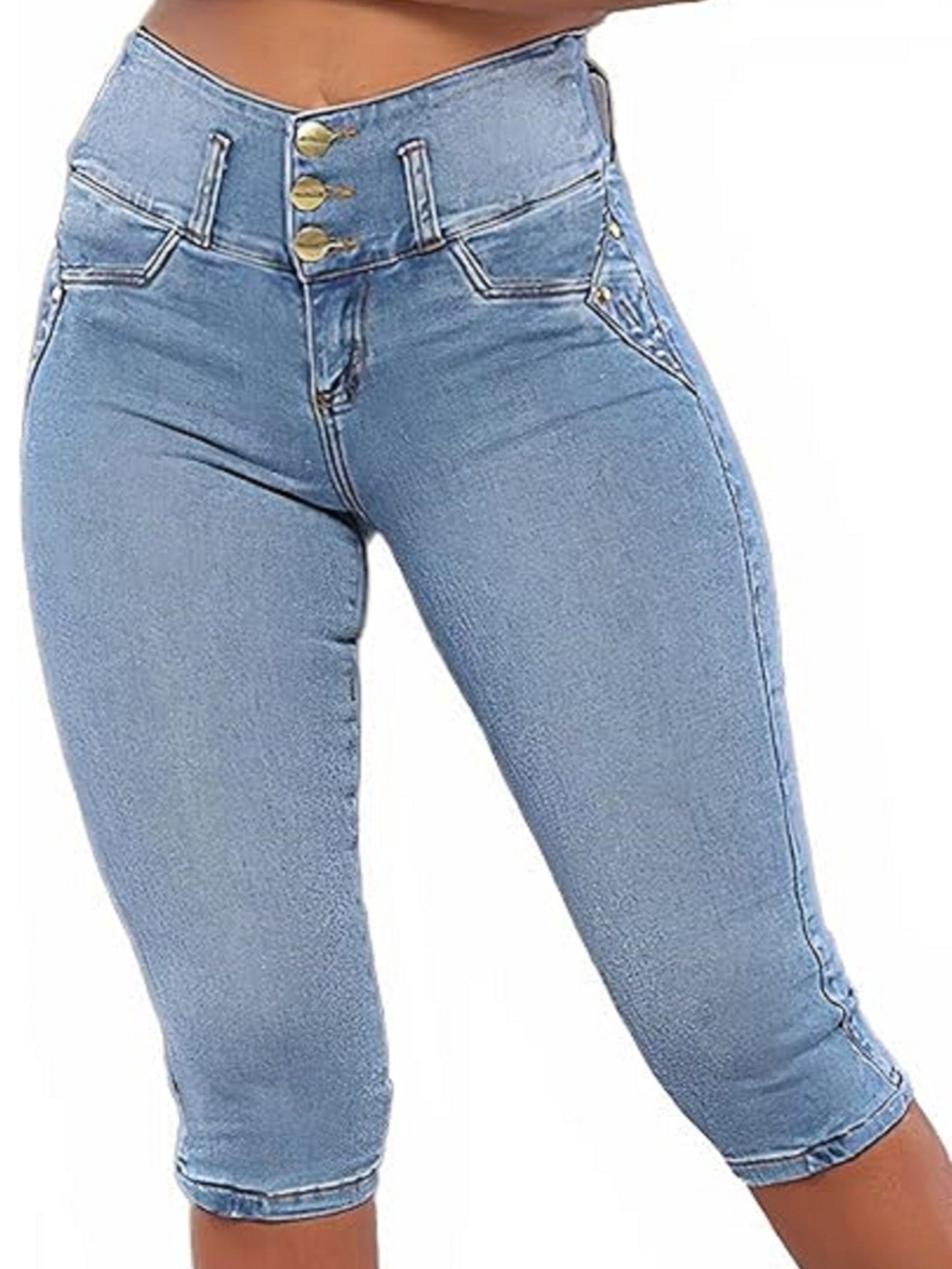 Women's Flattering Fit Embroidered Daisy Flower Denim Capris with Frayed Hems, Stretchy Jean Shorts for All Summer Occasions