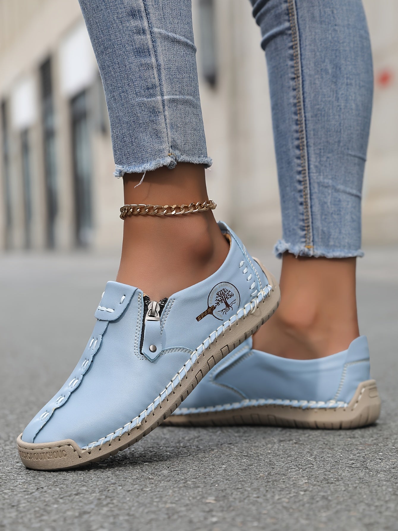Women'S Handmade Casual Loafers - Suitable for 10 Occasions, Comfortable and Durable Slip-On Sneakers with Zipper Closure, Breathable Perforated Design, Rubber Sole, Perfect for Outdoor Wear, Spring and Summer
