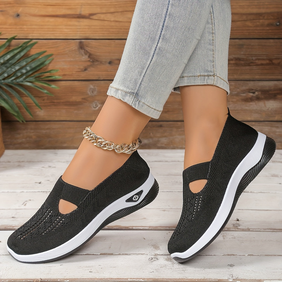 Women's Mary Jane flat shoes that can be worn in all seasons, knitted breathable uppers and rubber soles, plain color casual loafers, fashionable and simple shoe head design, soft soles, comfortable in all seasons