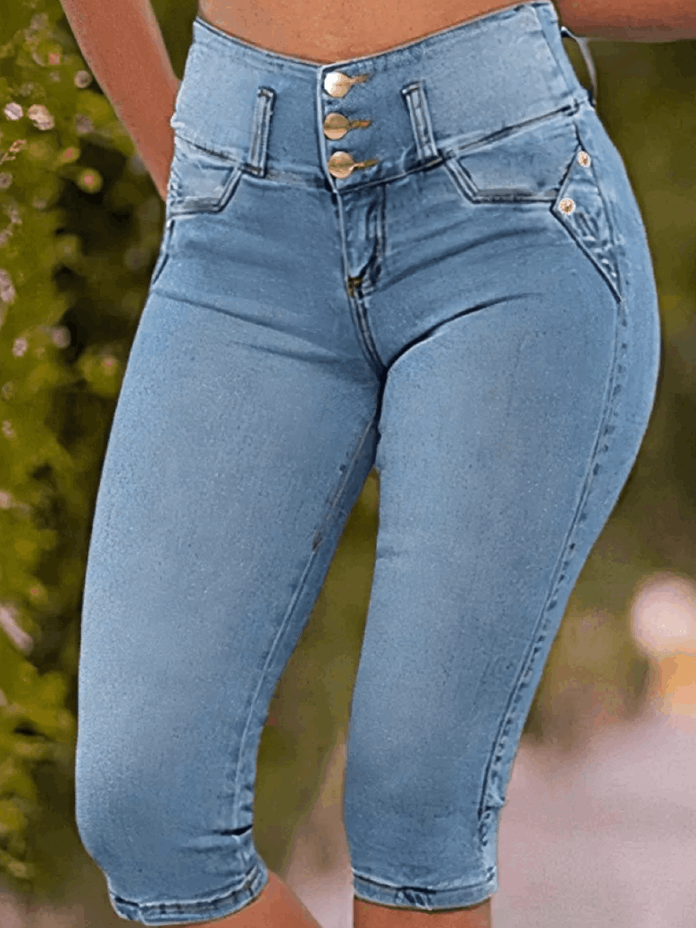 Women's Flattering Fit Embroidered Daisy Flower Denim Capris with Frayed Hems, Stretchy Jean Shorts for All Summer Occasions