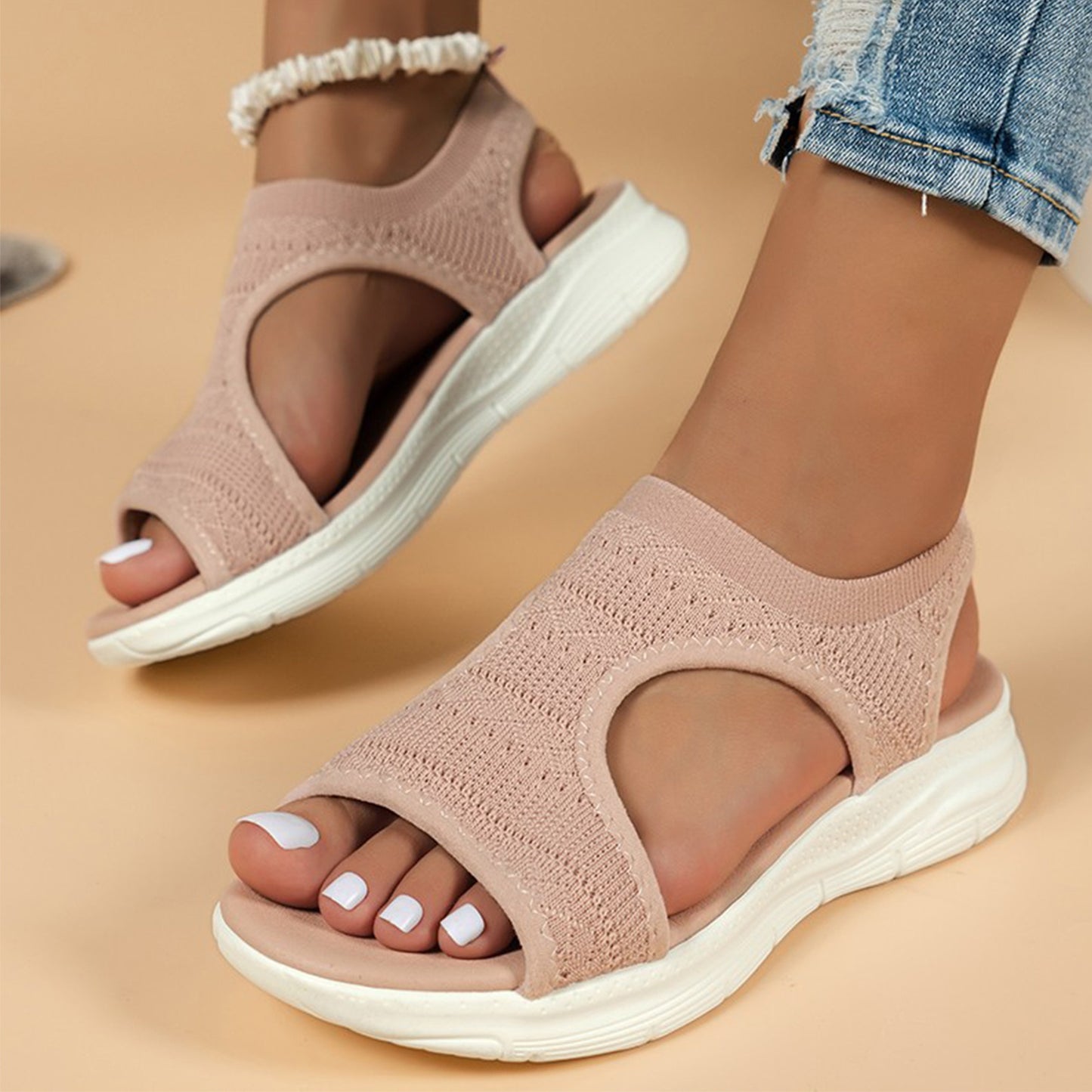 Women's Lightweight Knit Slip-On Sandals - Open Toe, Low Wedge, Breathable Fabric for Casual Walking & Comfort