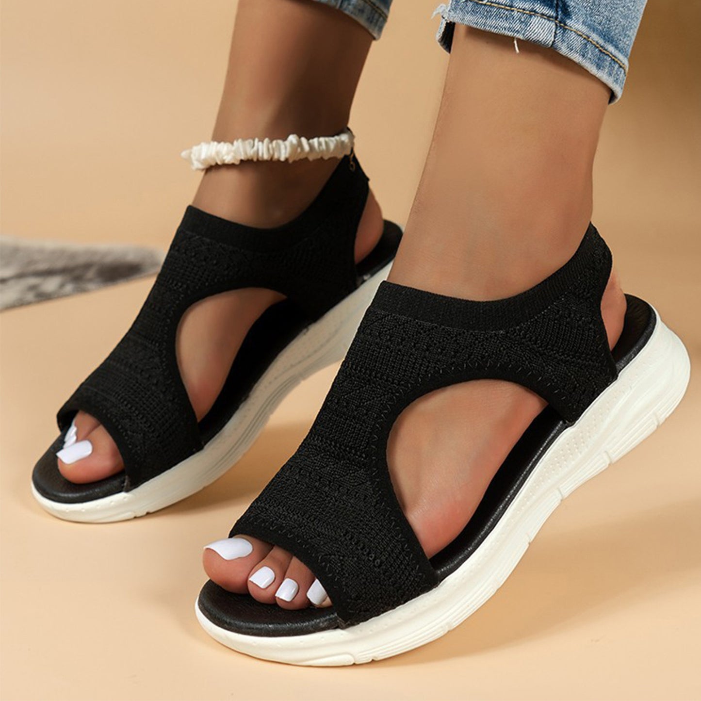 Women's Lightweight Knit Slip-On Sandals - Open Toe, Low Wedge, Breathable Fabric for Casual Walking & Comfort