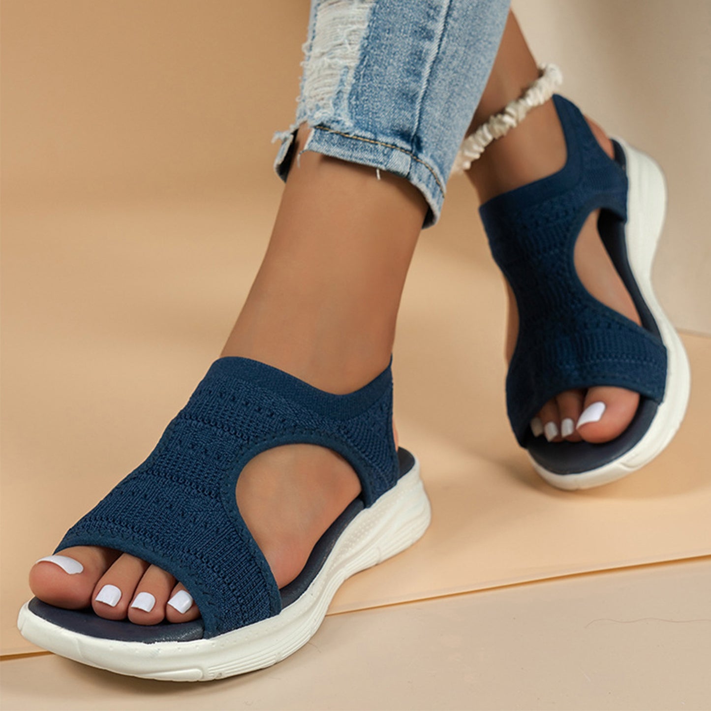 Women's Lightweight Knit Slip-On Sandals - Open Toe, Low Wedge, Breathable Fabric for Casual Walking & Comfort
