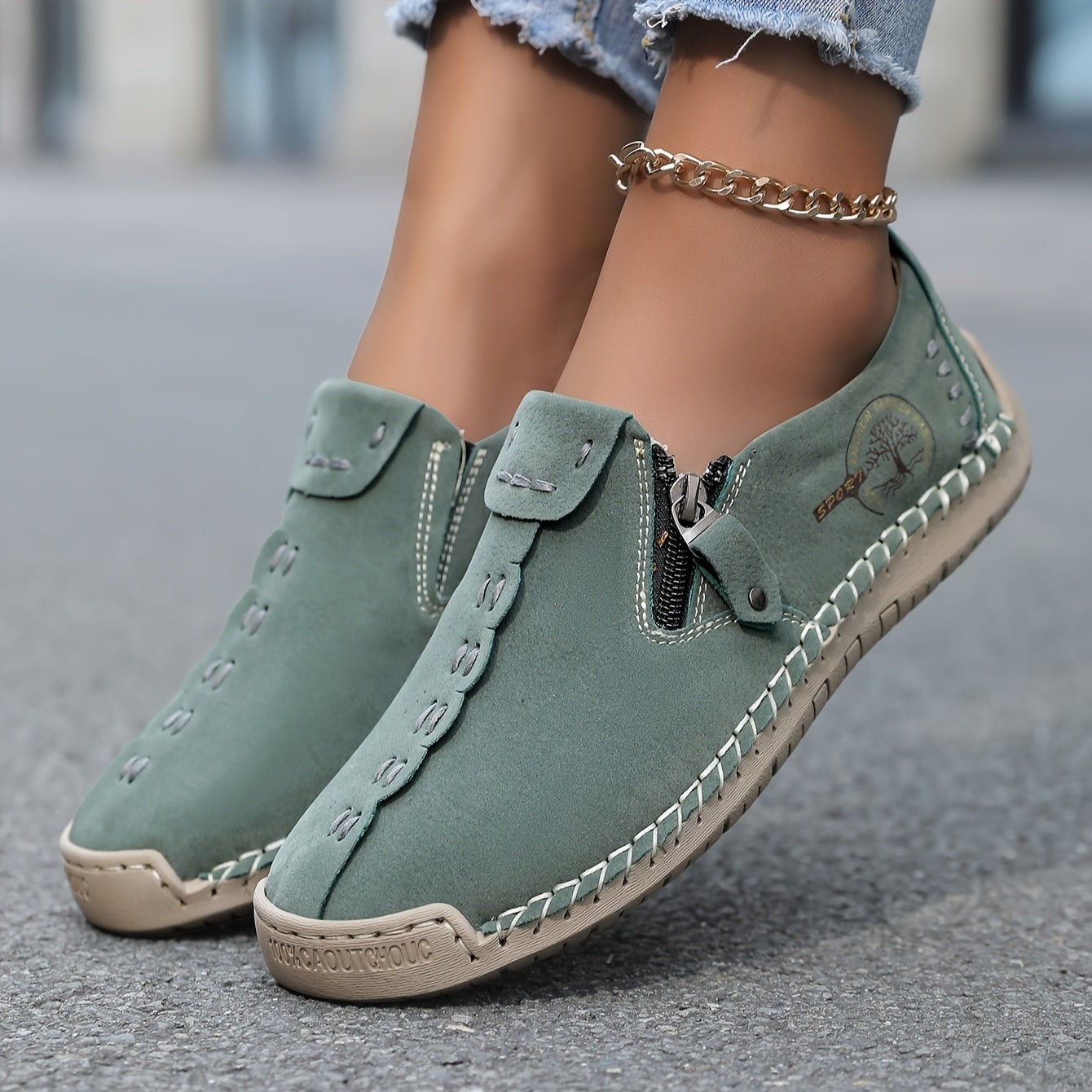 Women'S Handmade Casual Loafers - Suitable for 10 Occasions, Comfortable and Durable Slip-On Sneakers with Zipper Closure, Breathable Perforated Design, Rubber Sole, Perfect for Outdoor Wear, Spring and Summer