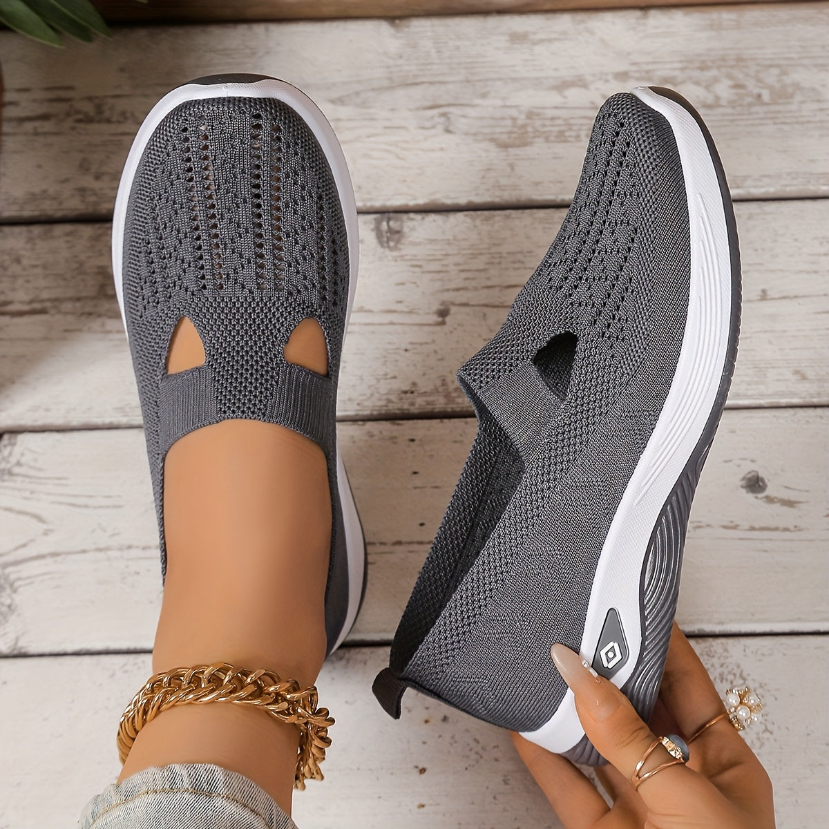 Women's Mary Jane flat shoes that can be worn in all seasons, knitted breathable uppers and rubber soles, plain color casual loafers, fashionable and simple shoe head design, soft soles, comfortable in all seasons