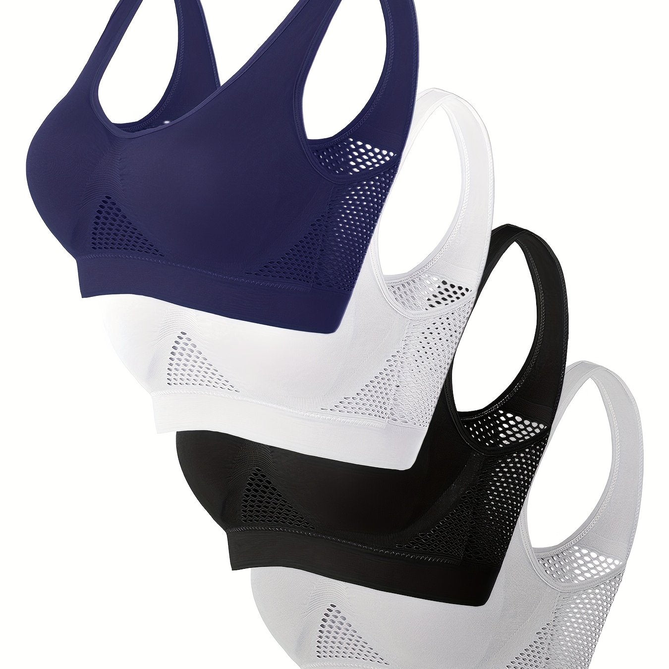 Wireless, Breathable 4pcs Women's Sports Bras - Padded, Mesh with Racerback Design for Yoga, Fitness, Running - Pink, White, Purple, Black, Workout Accessories