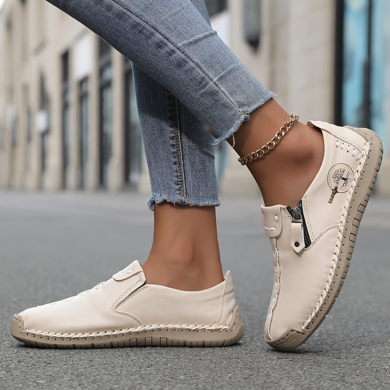 Women'S Handmade Casual Loafers - Suitable for 10 Occasions, Comfortable and Durable Slip-On Sneakers with Zipper Closure, Breathable Perforated Design, Rubber Sole, Perfect for Outdoor Wear, Spring and Summer