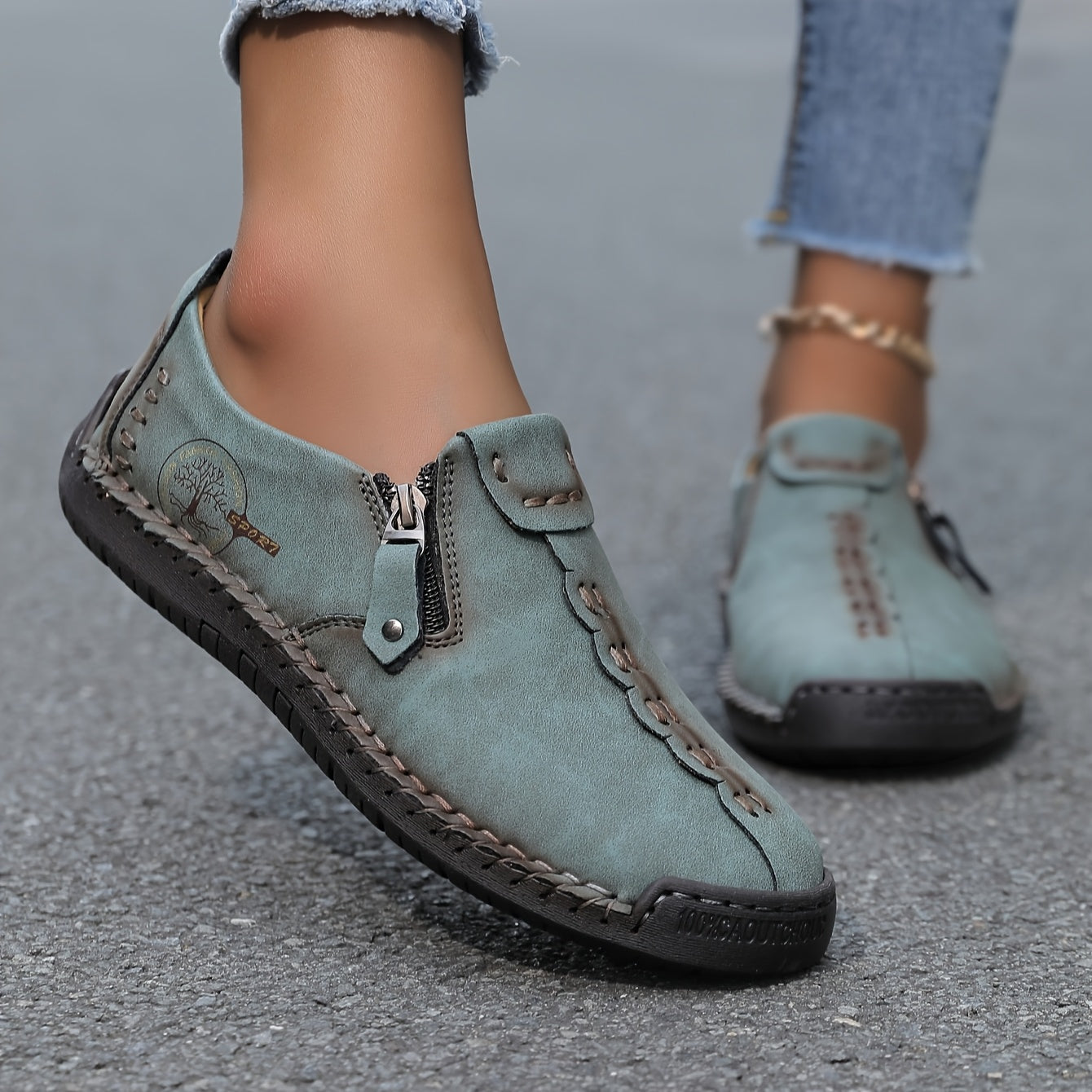Women'S Handmade Casual Loafers - Suitable for 10 Occasions, Comfortable and Durable Slip-On Sneakers with Zipper Closure, Breathable Perforated Design, Rubber Sole, Perfect for Outdoor Wear, Spring and Summer