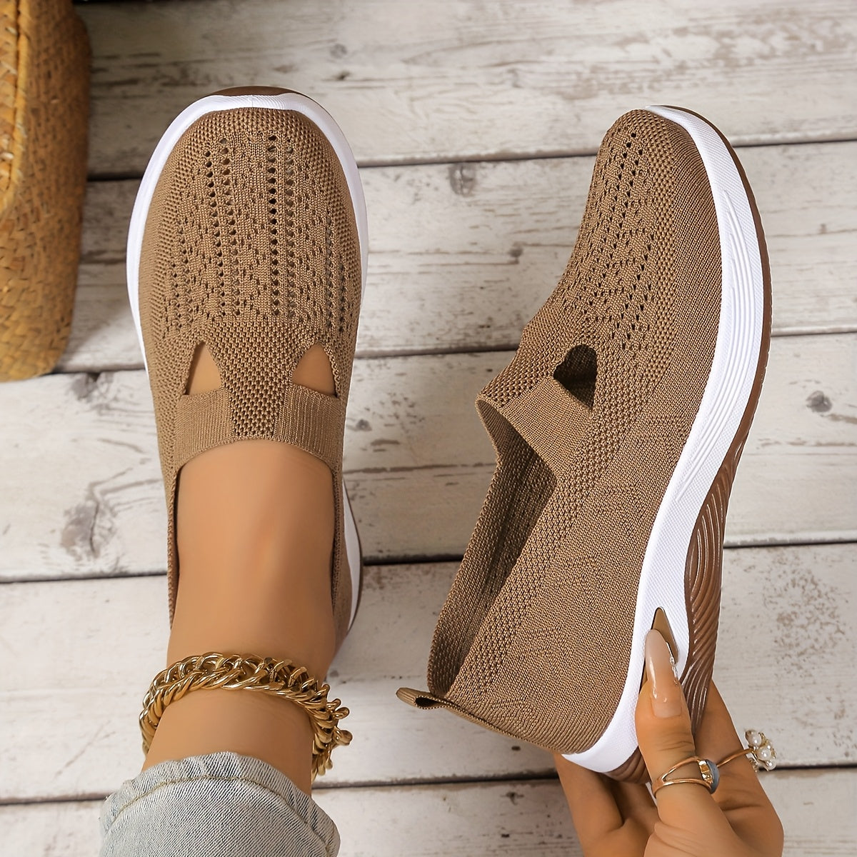Women's Mary Jane flat shoes that can be worn in all seasons, knitted breathable uppers and rubber soles, plain color casual loafers, fashionable and simple shoe head design, soft soles, comfortable in all seasons