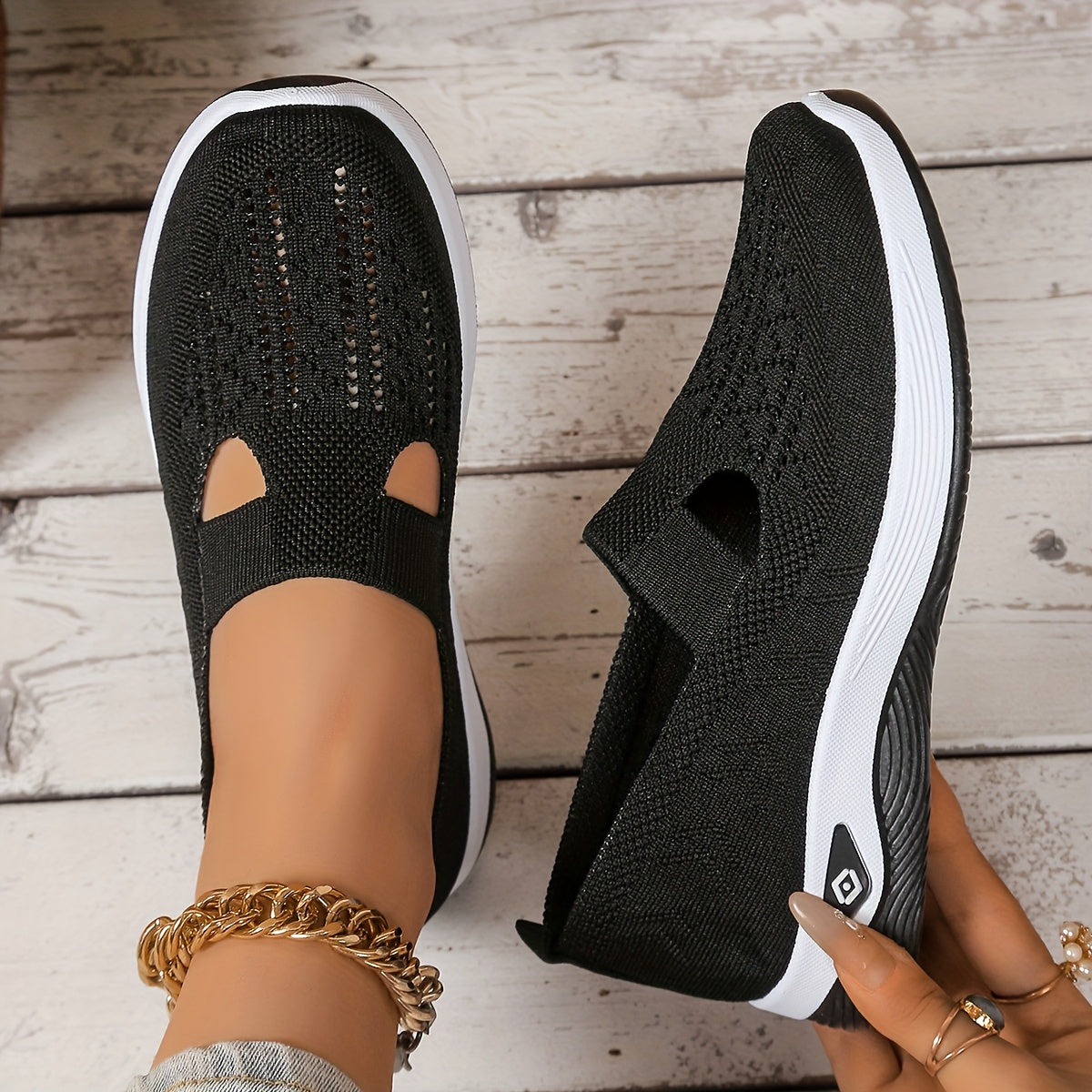 Women's Mary Jane flat shoes that can be worn in all seasons, knitted breathable uppers and rubber soles, plain color casual loafers, fashionable and simple shoe head design, soft soles, comfortable in all seasons