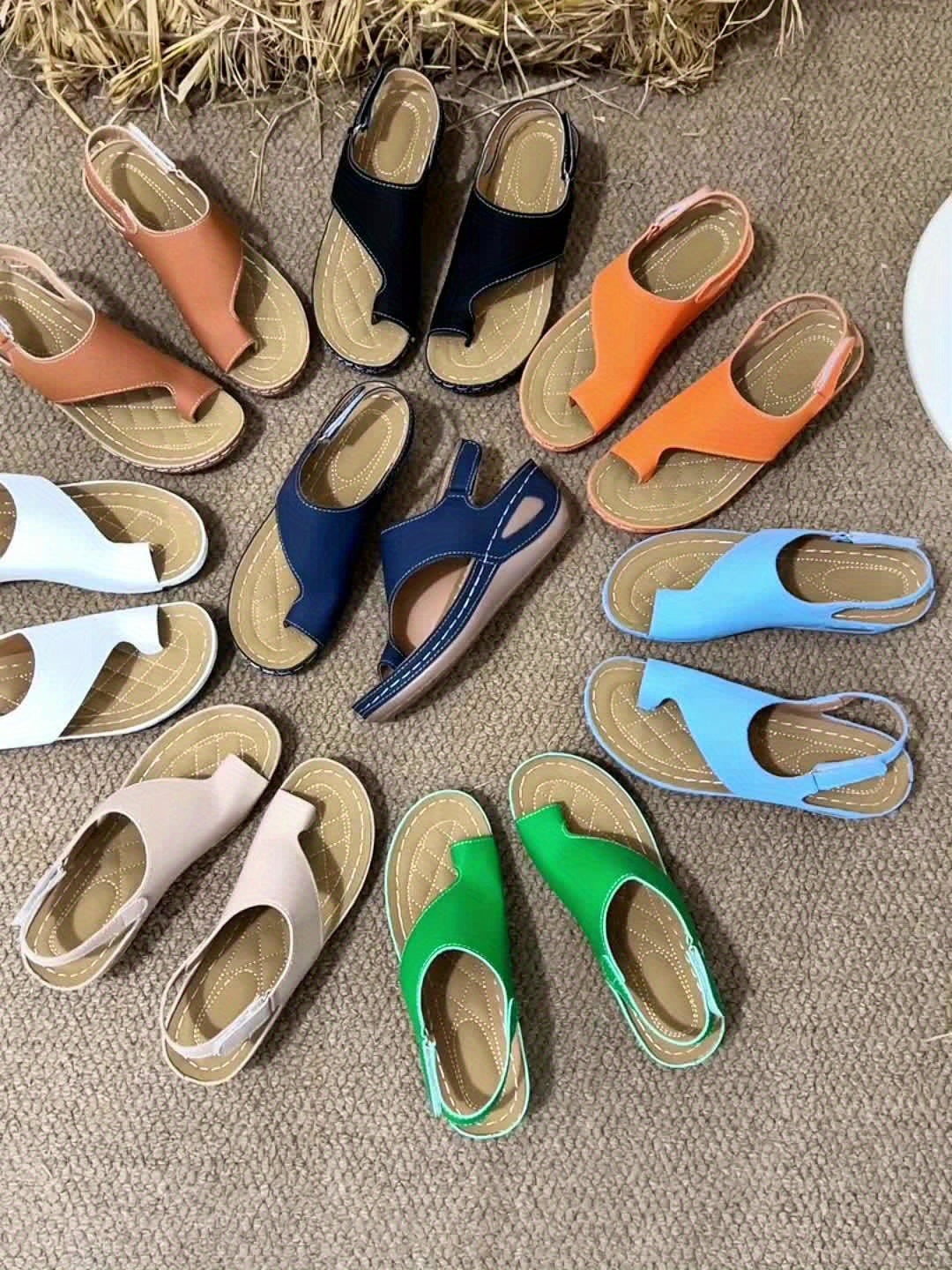 Women's Summer Wedge Sandals - Adjustable Hook-and-Loop Back Strap, Comfortable Soft Synthetic Cover Insole & PU Sole, Lightweight Open-Toe Design, Solid Color Casual Shoes (Wide Sizes Available)