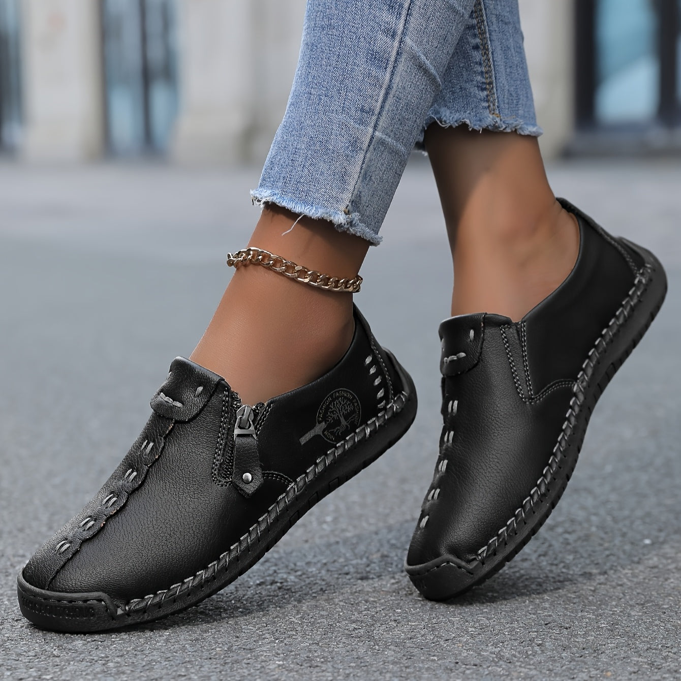 Women'S Handmade Casual Loafers - Suitable for 10 Occasions, Comfortable and Durable Slip-On Sneakers with Zipper Closure, Breathable Perforated Design, Rubber Sole, Perfect for Outdoor Wear, Spring and Summer