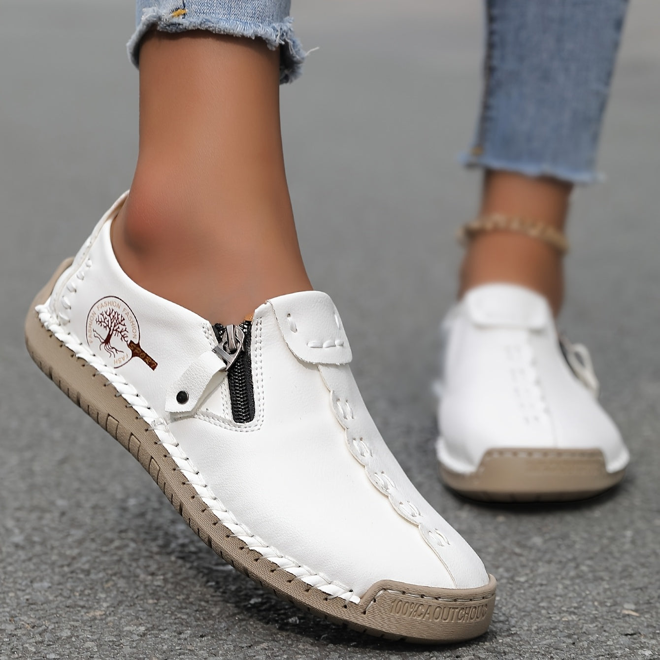 Women'S Handmade Casual Loafers - Suitable for 10 Occasions, Comfortable and Durable Slip-On Sneakers with Zipper Closure, Breathable Perforated Design, Rubber Sole, Perfect for Outdoor Wear, Spring and Summer