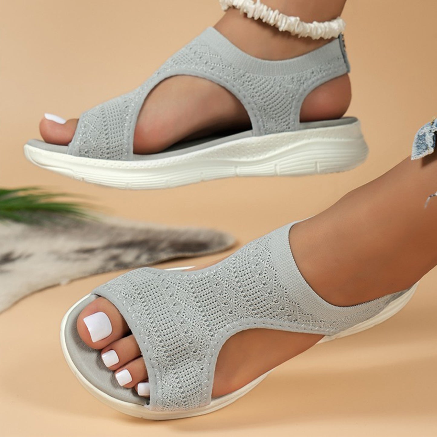 Women's Lightweight Knit Slip-On Sandals - Open Toe, Low Wedge, Breathable Fabric for Casual Walking & Comfort