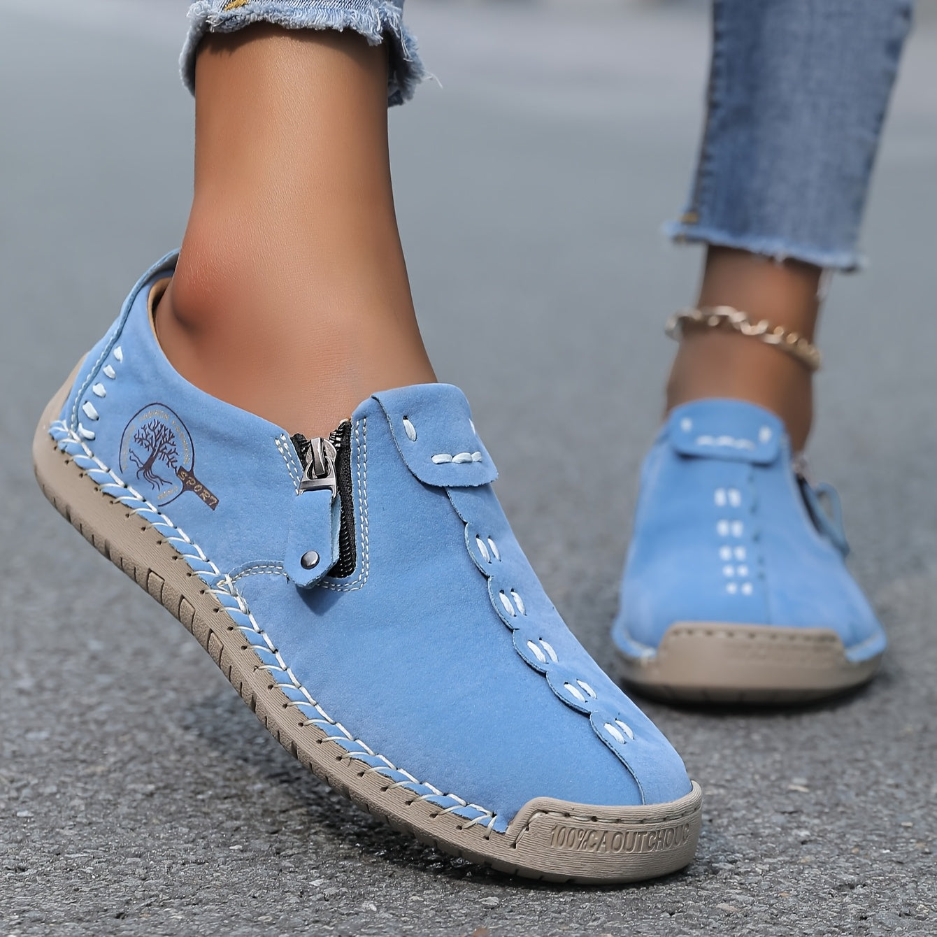 Women'S Handmade Casual Loafers - Suitable for 10 Occasions, Comfortable and Durable Slip-On Sneakers with Zipper Closure, Breathable Perforated Design, Rubber Sole, Perfect for Outdoor Wear, Spring and Summer