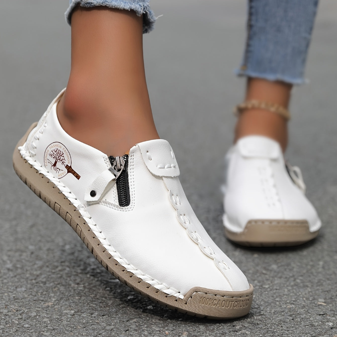 Women'S Handmade Casual Loafers - Suitable for 10 Occasions, Comfortable and Durable Slip-On Sneakers with Zipper Closure, Breathable Perforated Design, Rubber Sole, Perfect for Outdoor Wear, Spring and Summer