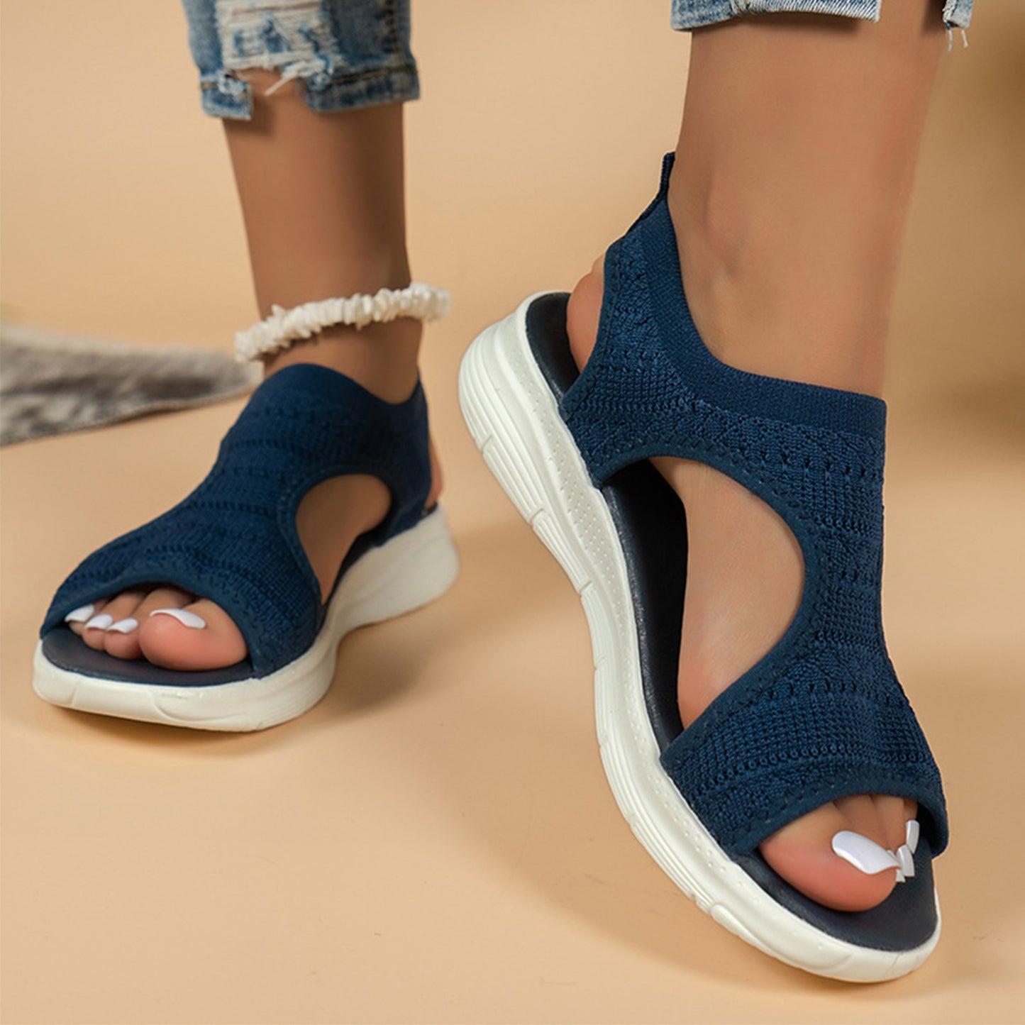 Women's Lightweight Knit Slip-On Sandals - Open Toe, Low Wedge, Breathable Fabric for Casual Walking & Comfort