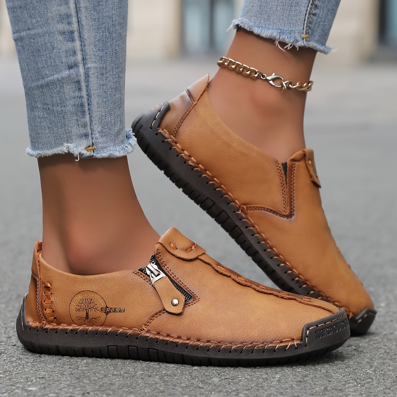 Women'S Handmade Casual Loafers - Suitable for 10 Occasions, Comfortable and Durable Slip-On Sneakers with Zipper Closure, Breathable Perforated Design, Rubber Sole, Perfect for Outdoor Wear, Spring and Summer