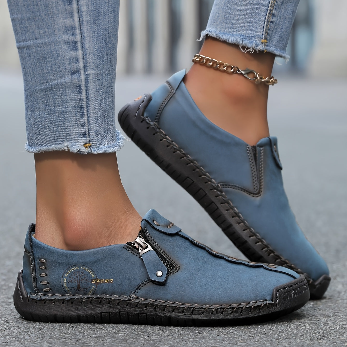 Women'S Handmade Casual Loafers - Suitable for 10 Occasions, Comfortable and Durable Slip-On Sneakers with Zipper Closure, Breathable Perforated Design, Rubber Sole, Perfect for Outdoor Wear, Spring and Summer