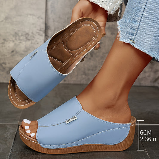 [6cm Light Blue Sandals] Light Blue Women's Platform Sandals | Comfortable Low Heel Summer Shoes, 6cm Width, TPR Sole, Brown PU Cover Inner Layer, Hand Wash or Dry Clean, Cushioned Insole, Strappy Sandals
