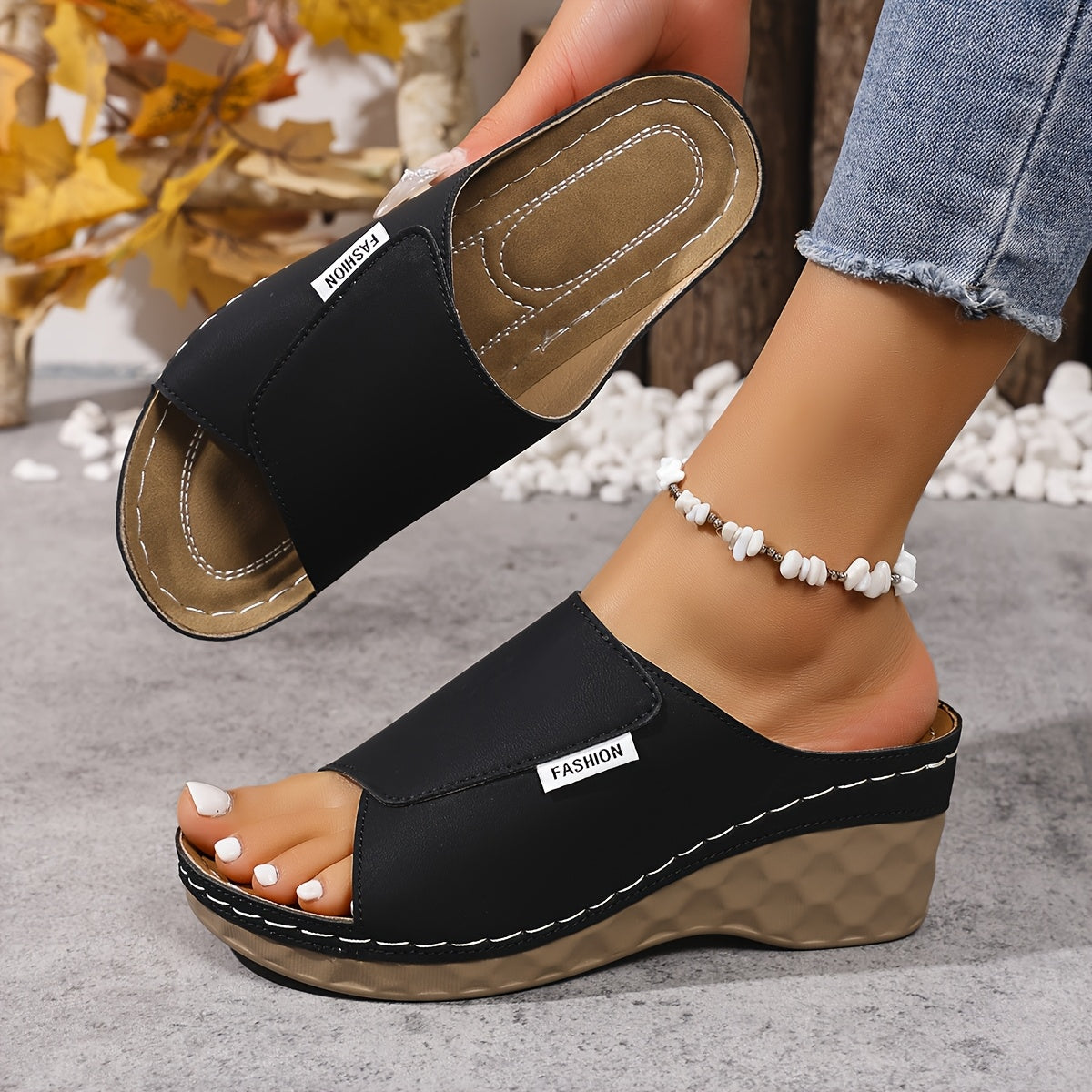 [Summer Sandals] Comfortable Summer Women's Wedge Heel Open Toe Slip-On V-Shape Fashion Sandals | Solid Color Plus Size High Heels, Soft Lightweight Shoes