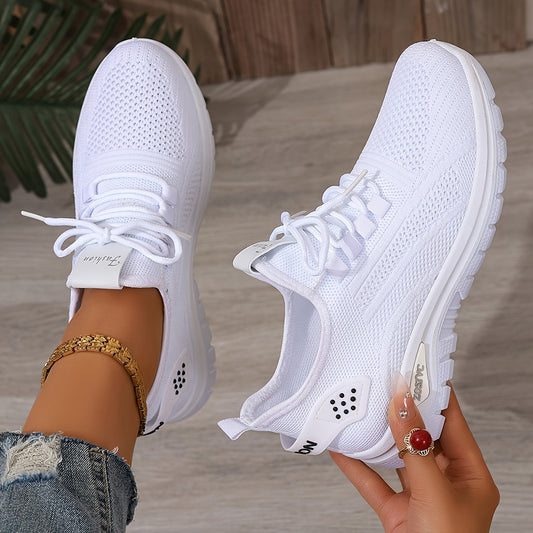 [Breathable Sneakers] Lightweight Breathable Women's Knit Casual Sneakers | Anti-Slip Traction, All-Season Comfort, White Low-Top Lace-Up Shoes for Casual Attire & Light Workouts, Comfortable Footwear, Sleek Design, Minimalis