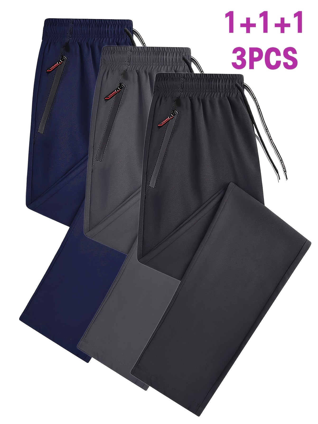 [Quick-Dry Joggers] 3pcs Lightweight Quick-Dry Women's Joggers | Breathable Elastic Waist with Zipper Pockets, Loose Fit Casual Athletic Pants for Running, Gym, Lounge & Home, Spring/Summer Workout Bottoms (Navy & Black)