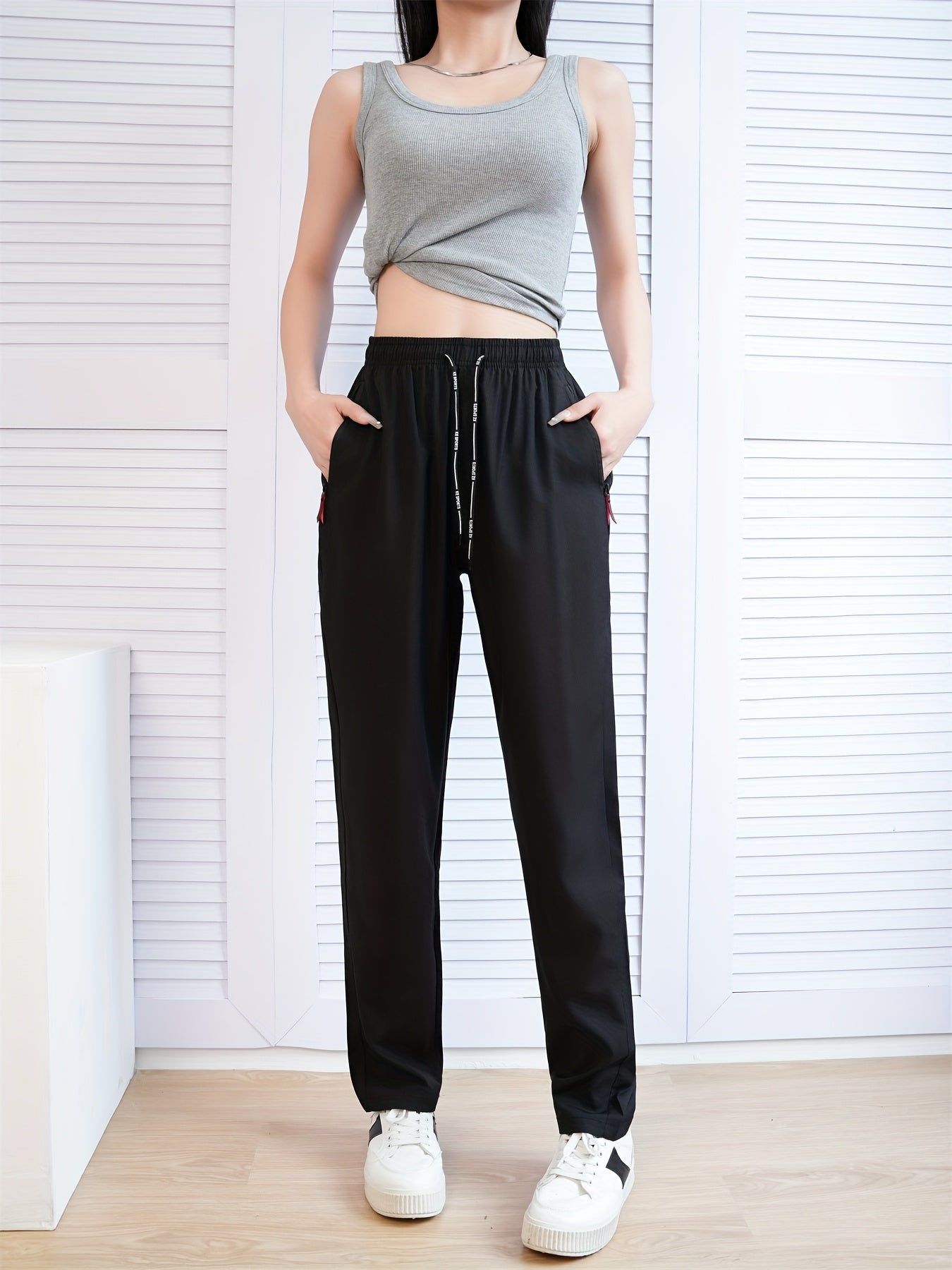 [Quick-Dry Joggers] 3pcs Lightweight Quick-Dry Women's Joggers | Breathable Elastic Waist with Zipper Pockets, Loose Fit Casual Athletic Pants for Running, Gym, Lounge & Home, Spring/Summer Workout Bottoms (Navy & Black)