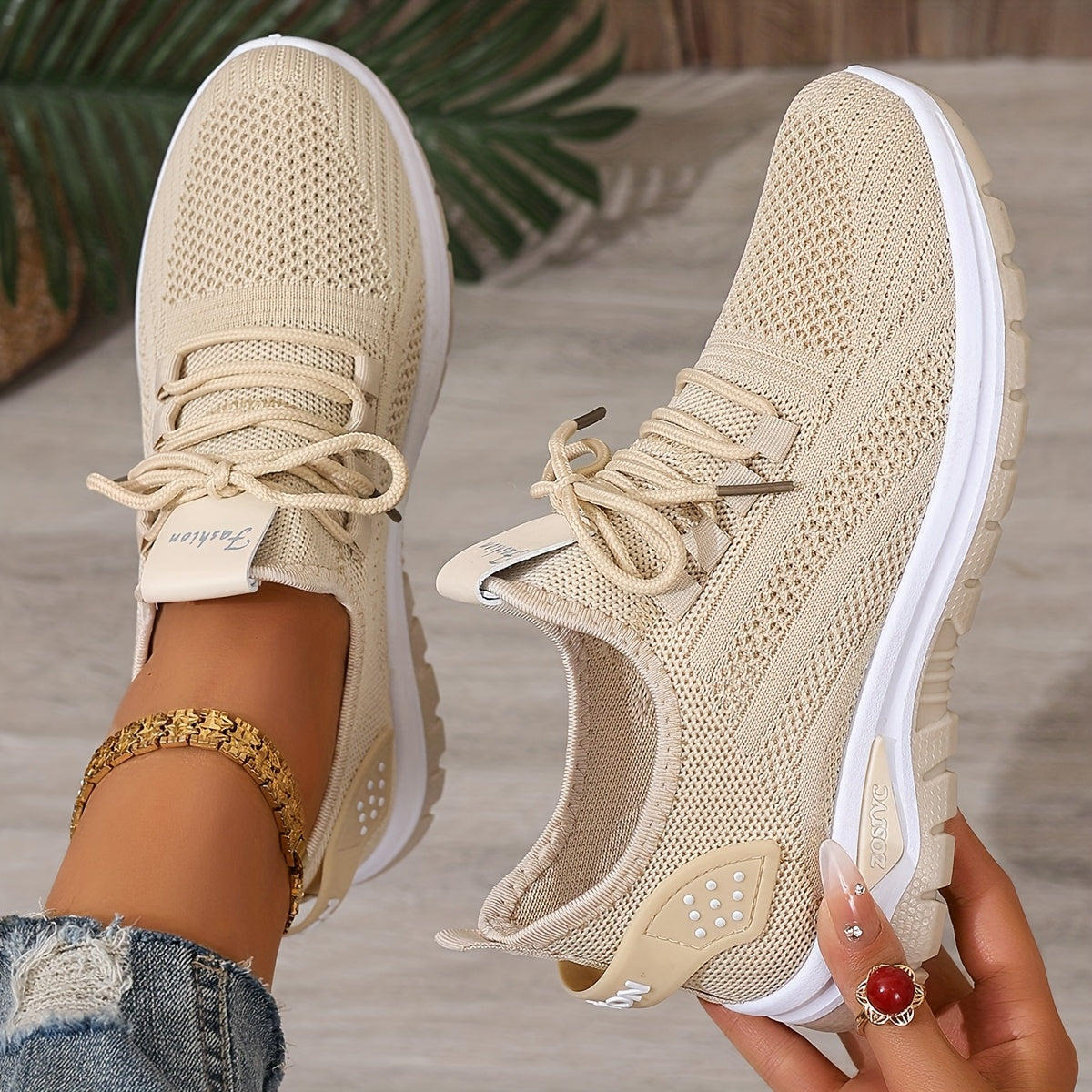 [Breathable Sneakers] Lightweight Breathable Women's Knit Casual Sneakers | Anti-Slip Traction, All-Season Comfort, White Low-Top Lace-Up Shoes for Casual Attire & Light Workouts, Comfortable Footwear, Sleek Design, Minimalis