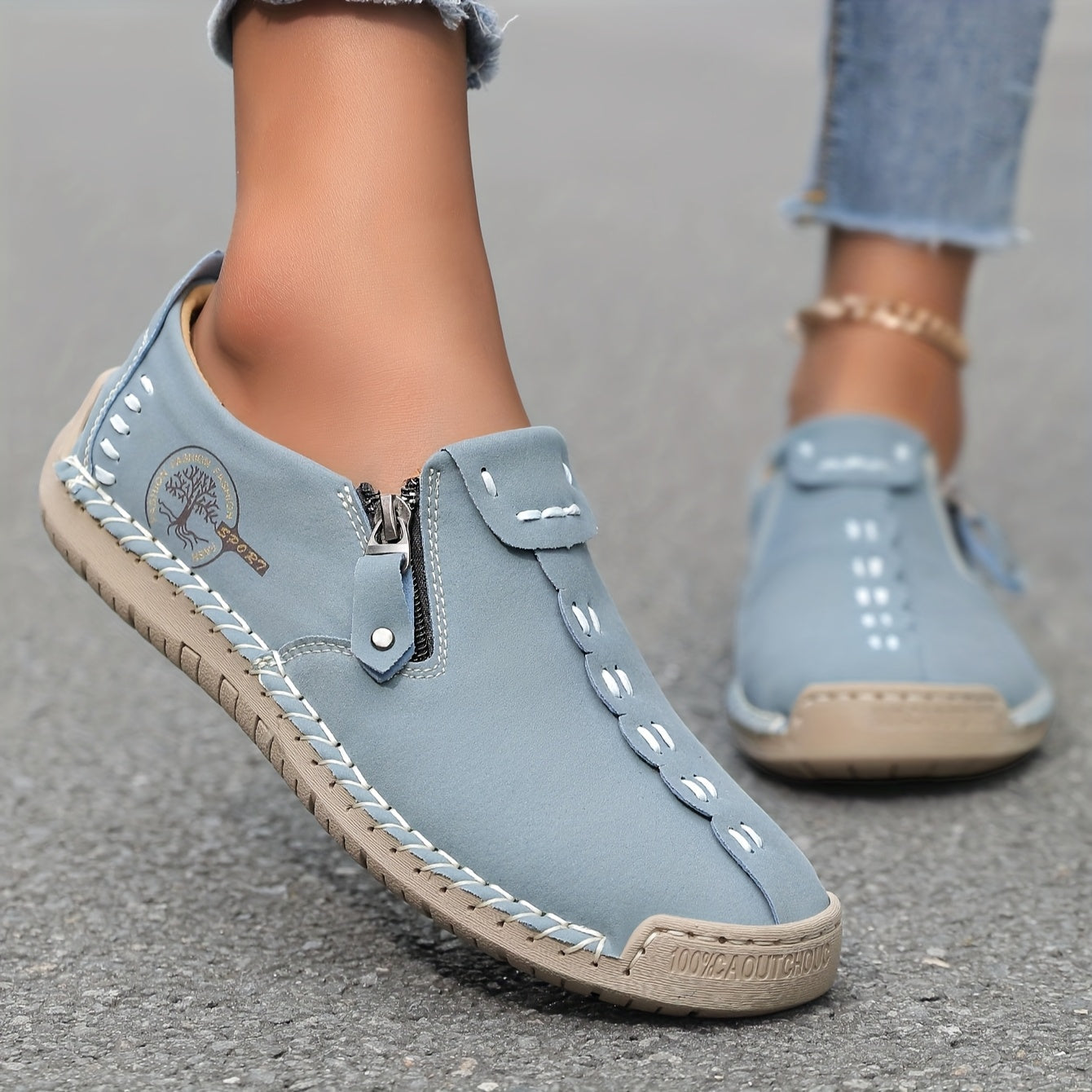 Women'S Handmade Casual Loafers - Suitable for 10 Occasions, Comfortable and Durable Slip-On Sneakers with Zipper Closure, Breathable Perforated Design, Rubber Sole, Perfect for Outdoor Wear, Spring and Summer
