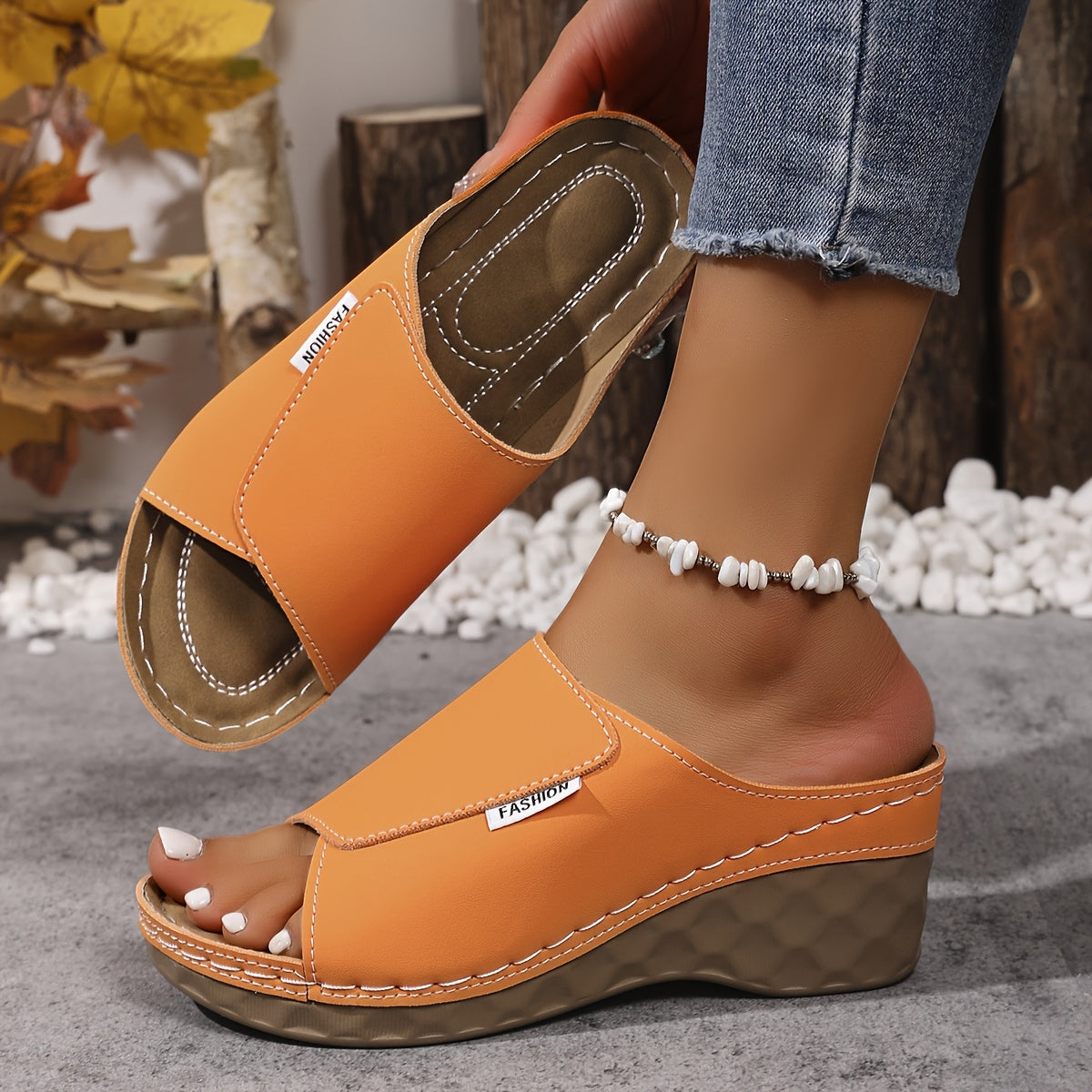 [Summer Sandals] Comfortable Summer Women's Wedge Heel Open Toe Slip-On V-Shape Fashion Sandals | Solid Color Plus Size High Heels, Soft Lightweight Shoes