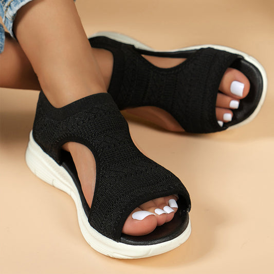 Women's Lightweight Knit Slip-On Sandals - Open Toe, Low Wedge, Breathable Fabric for Casual Walking & Comfort