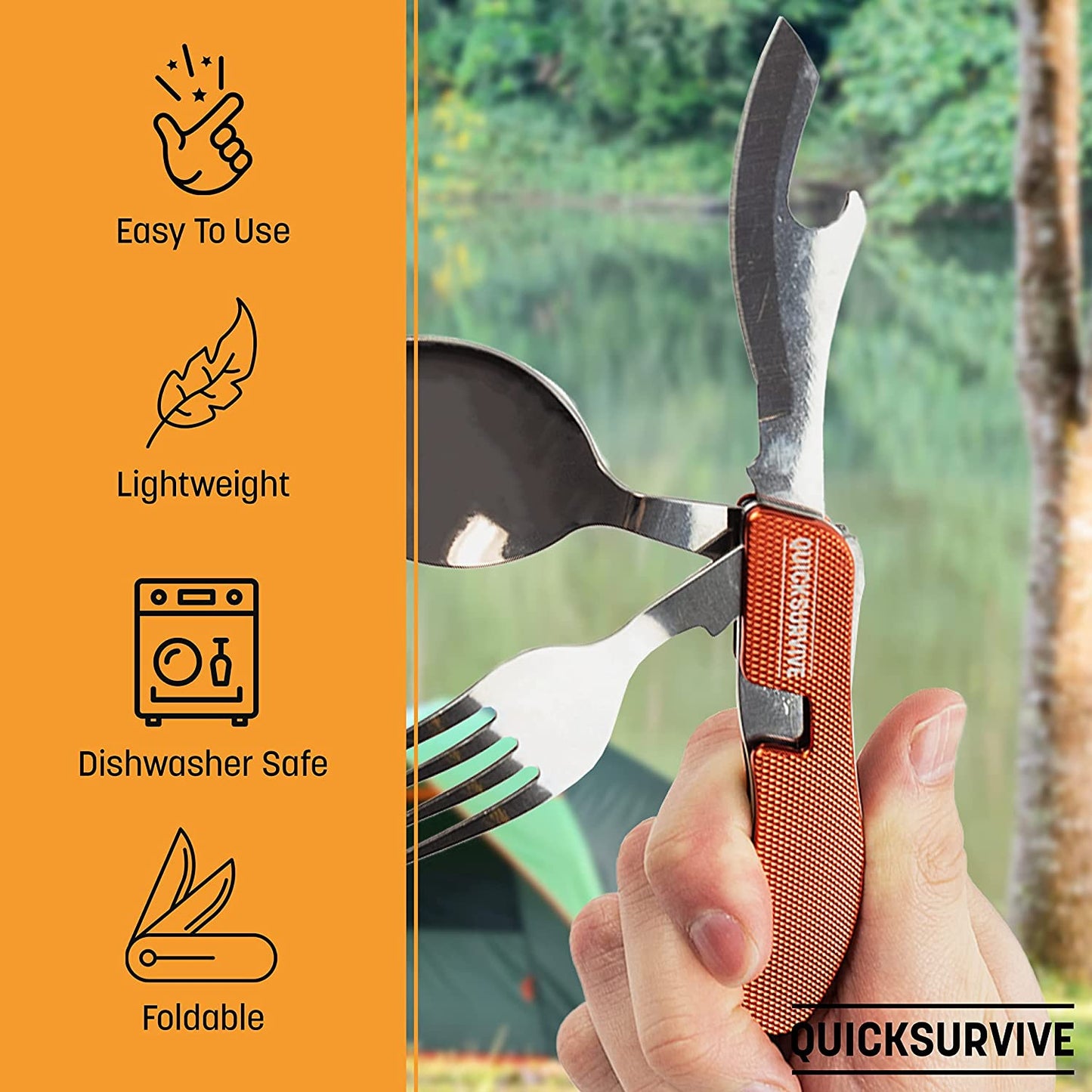 4-in-1 Pocket Camping Utensil Tool Stainless Steel Fork, Knife, Spoon, Bottle Opener by Quick Survive