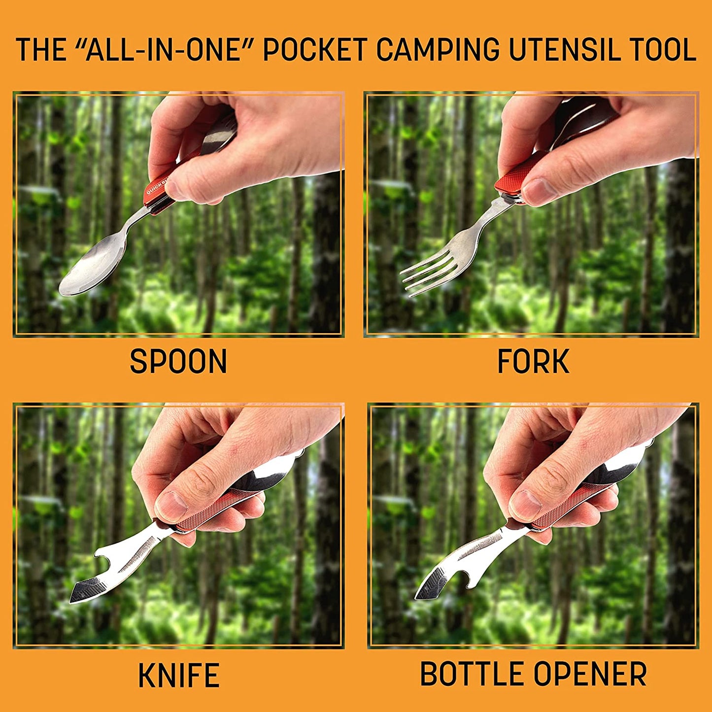 4-in-1 Pocket Camping Utensil Tool Stainless Steel Fork, Knife, Spoon, Bottle Opener by Quick Survive