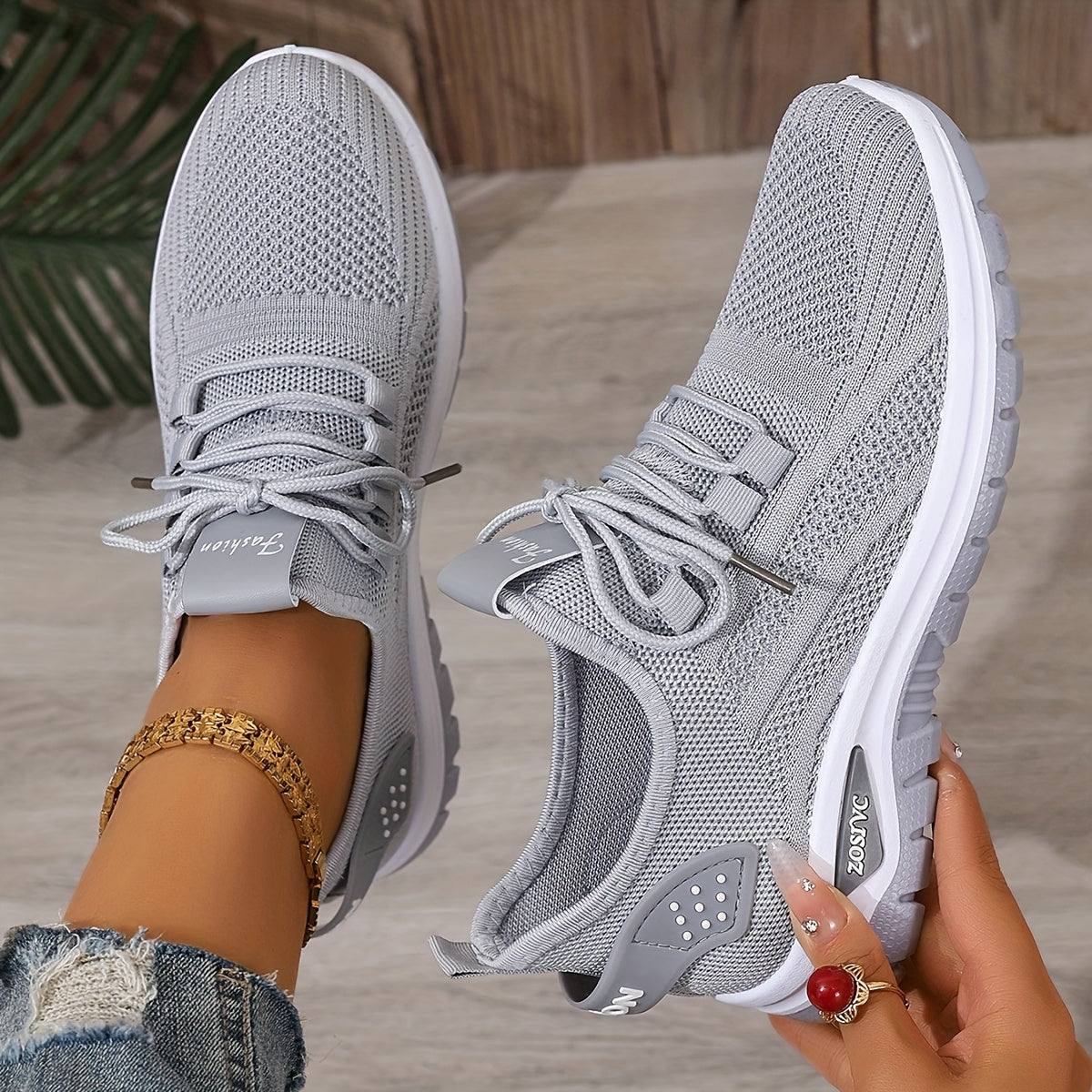 [Breathable Sneakers] Lightweight Breathable Women's Knit Casual Sneakers | Anti-Slip Traction, All-Season Comfort, White Low-Top Lace-Up Shoes for Casual Attire & Light Workouts, Comfortable Footwear, Sleek Design, Minimalis
