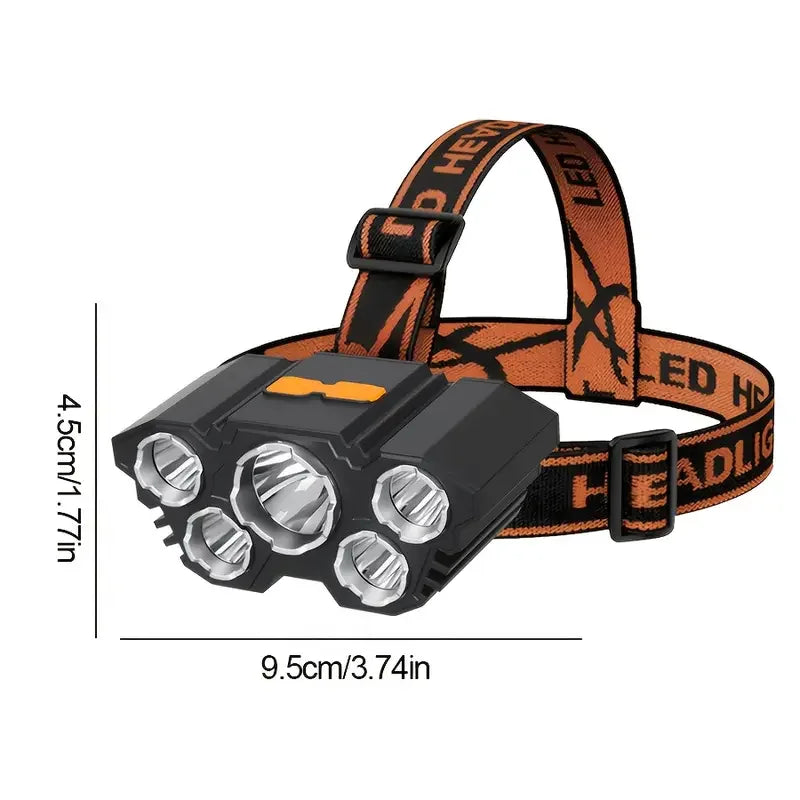 Rechargeable 5 LED Headlamp with Built-in Battery, Portable Outdoor Work Headlight for Camping, Fishing, Hunting, Traveling
