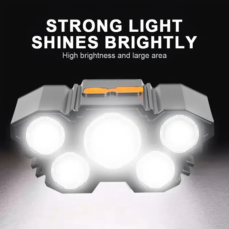 Rechargeable 5 LED Headlamp with Built-in Battery, Portable Outdoor Work Headlight for Camping, Fishing, Hunting, Traveling