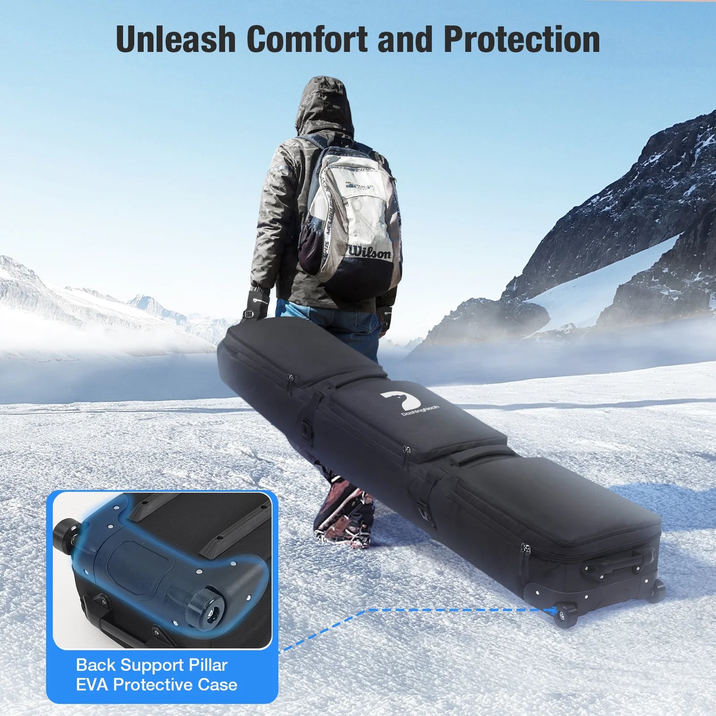 Pink/Black Skiing Bag with Rolling Wheel Padded Polyester Waterproof Portable Board Bag 3 Separation Storage Winter Snow Travels