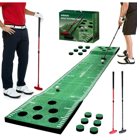 Indoor Putting Green Mat with 2 Putters, 2 Balls, 12 Hole Covers, Great for Party Games | Golf Training Mat, Great Gift for Men