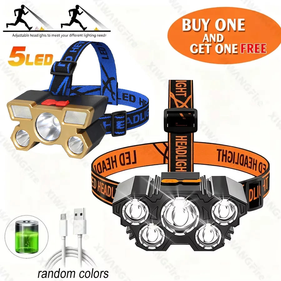 Rechargeable 5 LED Headlamp with Built-in Battery, Portable Outdoor Work Headlight for Camping, Fishing, Hunting, Traveling