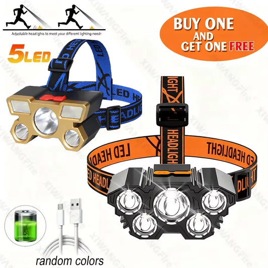 Rechargeable 5 LED Headlamp with Built-in Battery, Portable Outdoor Work Headlight for Camping, Fishing, Hunting, Traveling