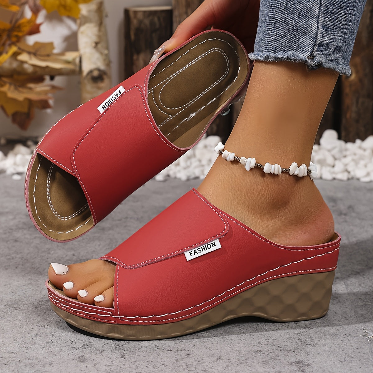 [Summer Sandals] Comfortable Summer Women's Wedge Heel Open Toe Slip-On V-Shape Fashion Sandals | Solid Color Plus Size High Heels, Soft Lightweight Shoes