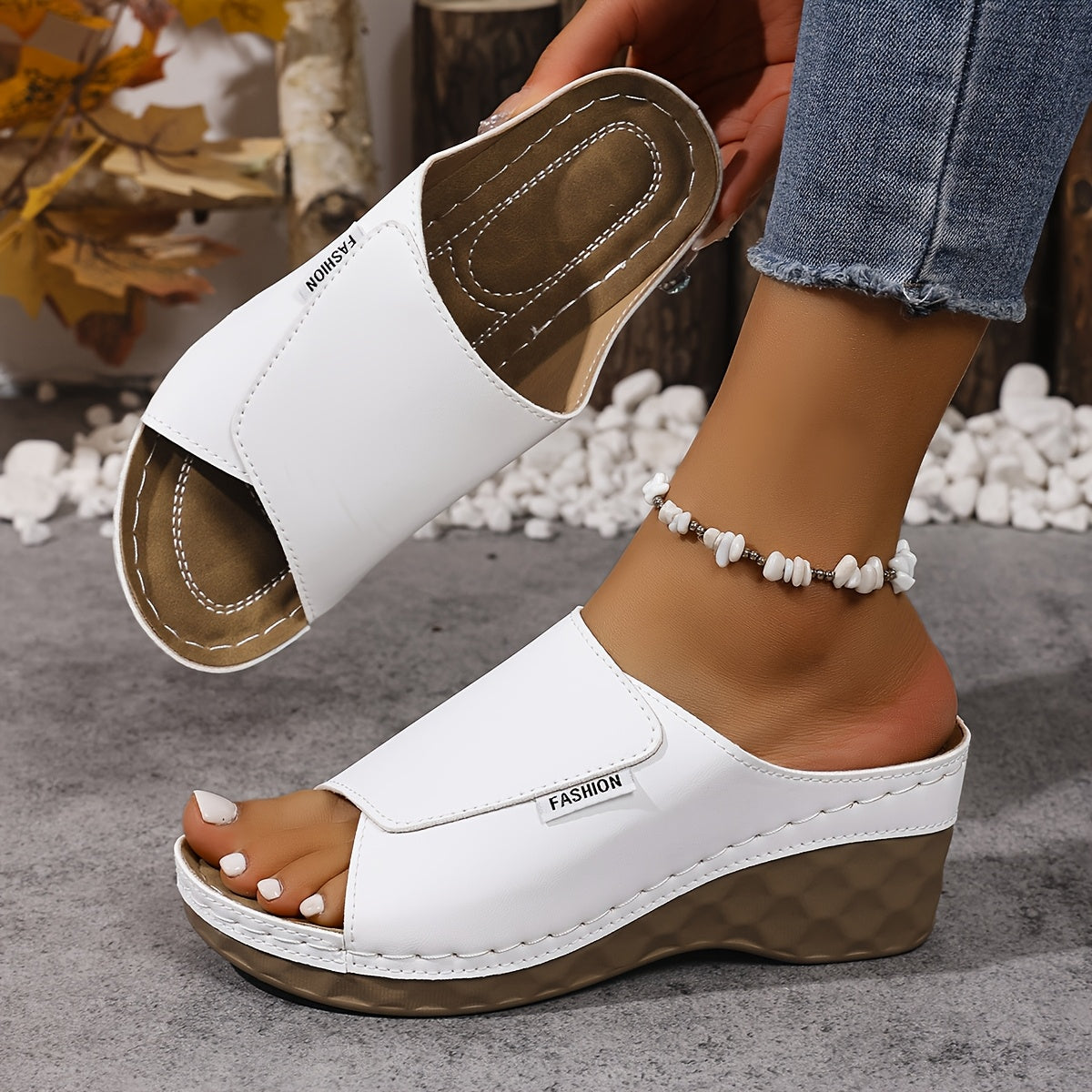 [Summer Sandals] Comfortable Summer Women's Wedge Heel Open Toe Slip-On V-Shape Fashion Sandals | Solid Color Plus Size High Heels, Soft Lightweight Shoes