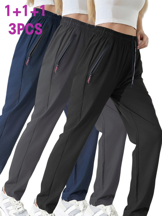 [Quick-Dry Joggers] 3pcs Lightweight Quick-Dry Women's Joggers | Breathable Elastic Waist with Zipper Pockets, Loose Fit Casual Athletic Pants for Running, Gym, Lounge & Home, Spring/Summer Workout Bottoms (Navy & Black)