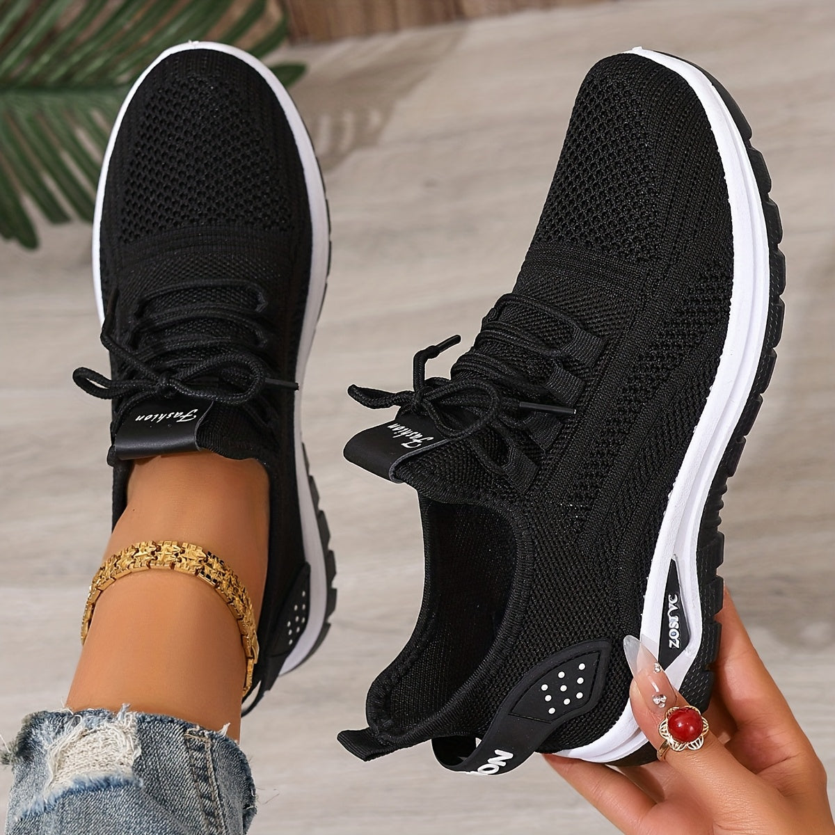 [Breathable Sneakers] Lightweight Breathable Women's Knit Casual Sneakers | Anti-Slip Traction, All-Season Comfort, White Low-Top Lace-Up Shoes for Casual Attire & Light Workouts, Comfortable Footwear, Sleek Design, Minimalis