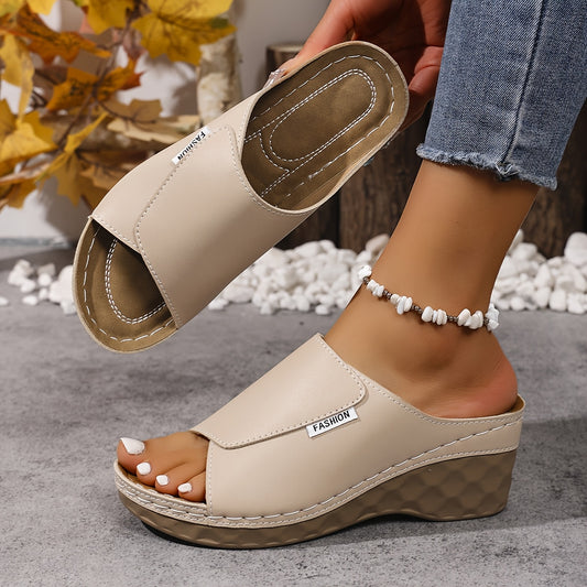 [Summer Sandals] Comfortable Summer Women's Wedge Heel Open Toe Slip-On V-Shape Fashion Sandals | Solid Color Plus Size High Heels, Soft Lightweight Shoes