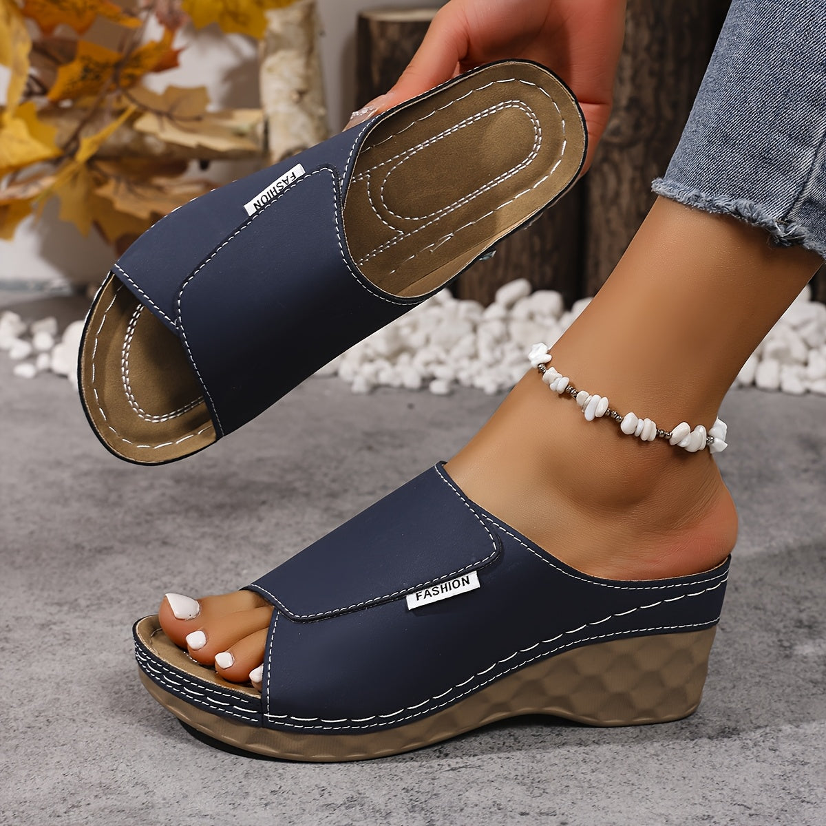 [Summer Sandals] Comfortable Summer Women's Wedge Heel Open Toe Slip-On V-Shape Fashion Sandals | Solid Color Plus Size High Heels, Soft Lightweight Shoes